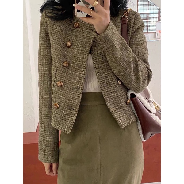 Áo dạ tweed cổ tròn dáng ngắn 2 lớp cực sang và đẹp