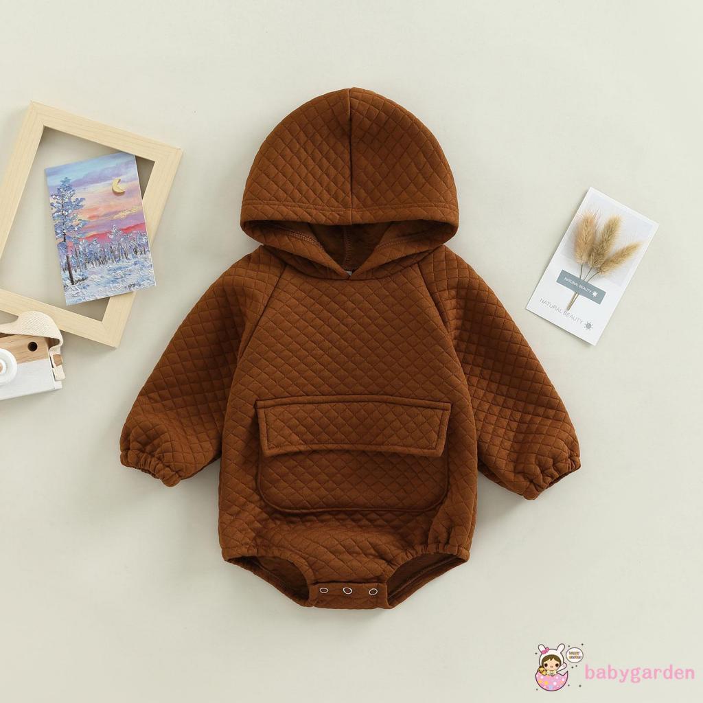 Bộ Áo Liền Quần Dài Tay Có Mũ Trùm Màu Trơn Phối Túi Trước Thời Trang Thu Đông Cho Bé Từ 0-24 Tháng Tuổi
