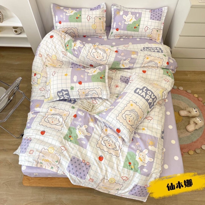 Bộ chăn ga gối 4 món kèm vỏ gối cotton poly trái tim vintage , Bộ ga gối drap giường bo chun hoặc phủ