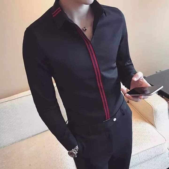Áo Sơ Mi Đen Nam Sọc Viền Khuy Mẫu Mới Nhất 2019