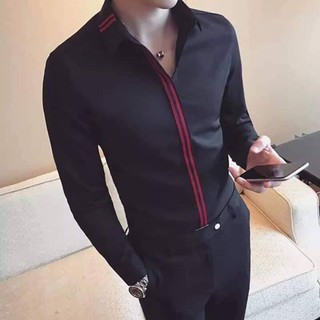 Áo sơ mi đen nam sọc viền khuy mẫu mới nhất 2019