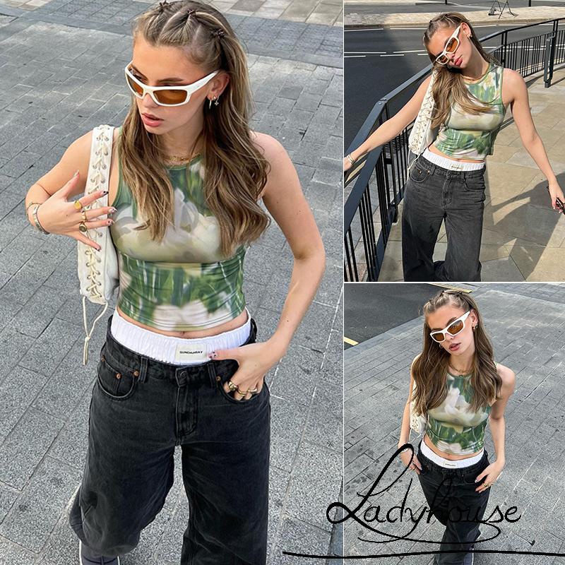 Áo Croptop Không Tay Cổ Tròn In Họa Tiết Hoa Đơn Giản Dành Cho Nữ