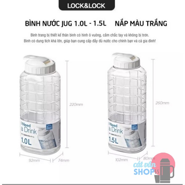 Bình đựng nước nhựa Lock&amp;Lock Chess Water Bottle 1.0L/1.5L Nắp màu trắng HAP810 HAP812