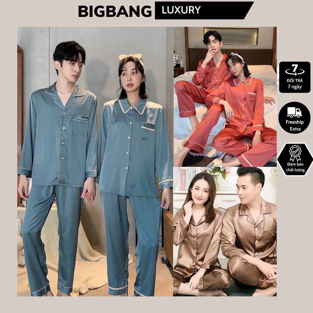 Đồ Ngủ Pijama Trơn Dài Tay Bigbang Luxury Mã 201 Đồ Mặc Nhà Nam Nữ Chất Vải Lụa Bóng