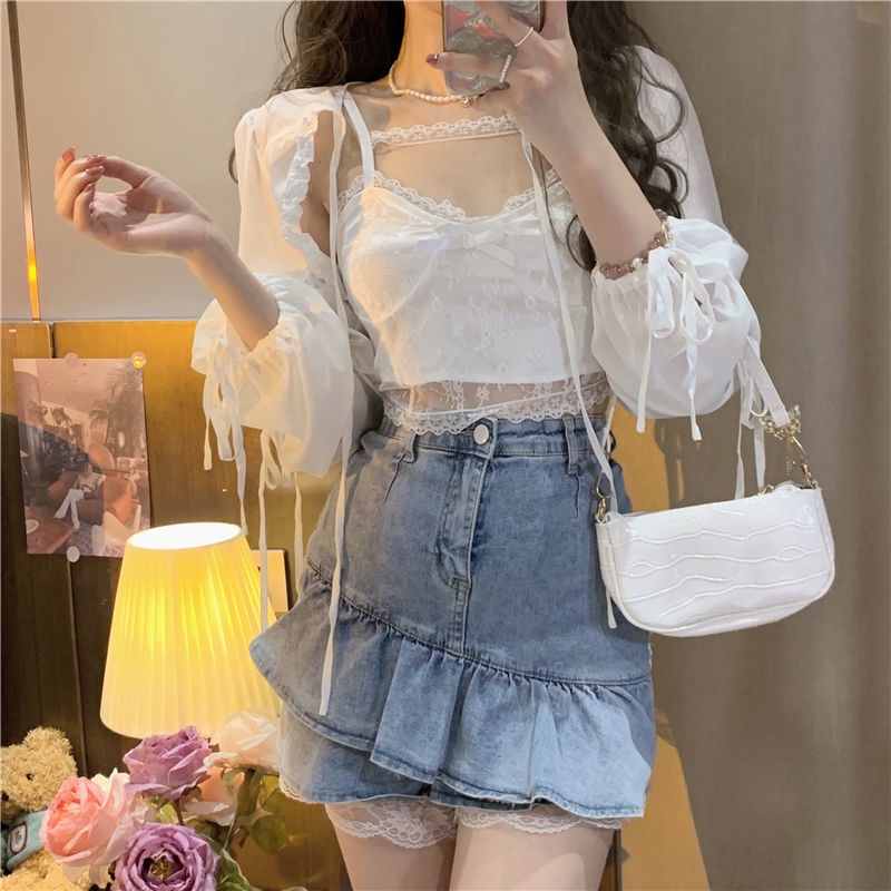 Áo Hai Dây Phối Ren Màu Trắng Thuần Khiết Phong Cách Mới Ngọt Ngào Mùa Xuân Hè