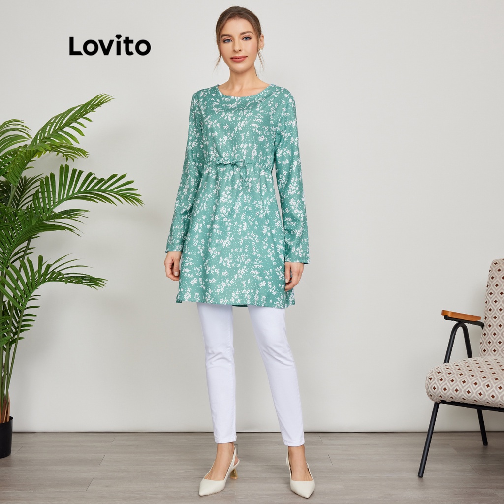 Lovito Áo dây rút hoa L24ED107 (Xanh lá cây)