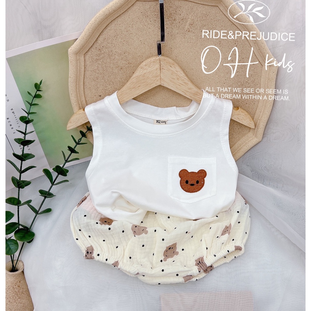 Bộ đũi quần chip áo ba lỗ thêu gấu cho bé bé từ 6-16kg