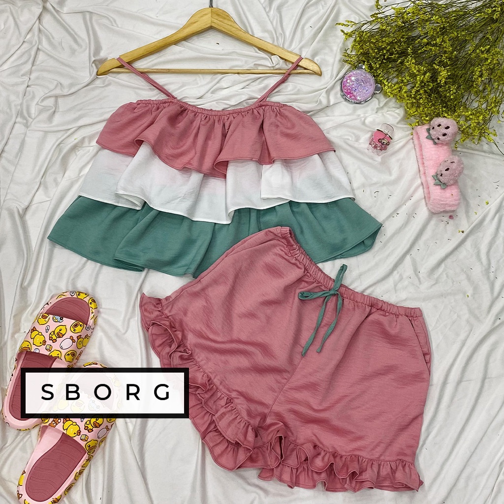 Đồ bộ mặc nhà SBORG đồ ngủ 2 dây áo 3 tầng tuyết nhung sexy quần đùi viền bèo cute free size dưới 60kg quà tặng vợ