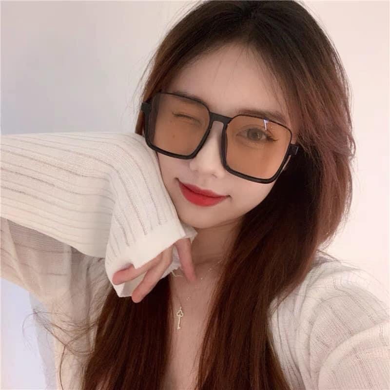 Mắt kính mát nam nữ cao cấp thời trang vuông oversize chống tia UV, kèm bao da đựng kính
