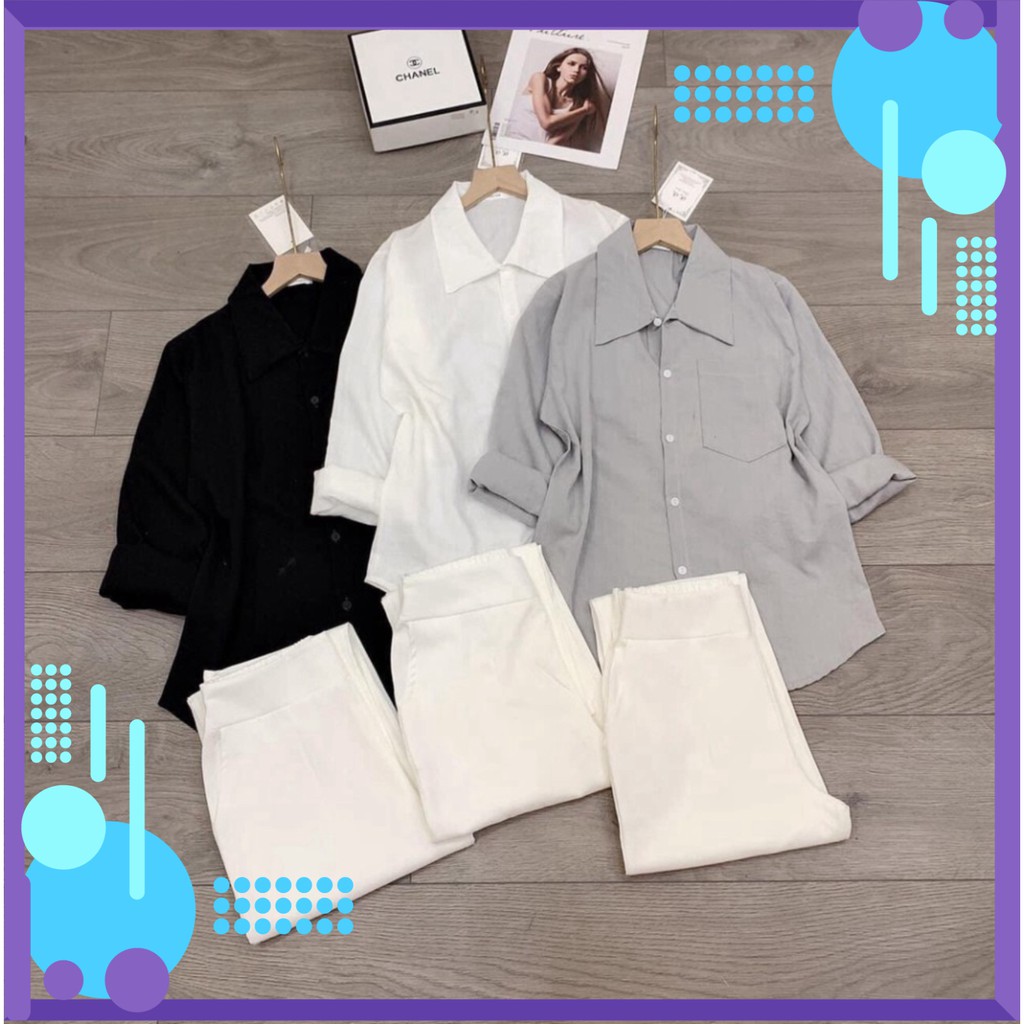 Set Sơ Mi Đũi Đen Xám Trắng Nữ 🌸 Bộ quần culottes suông ống rộng trắng kèm áo đũi dài tay form rộng Ulzzang [ cực hot ]
