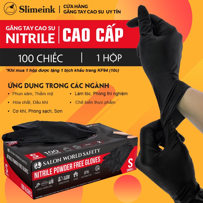 Găng tay cao su Đen / bao tay đen Nitrile không bột dùng trong Phun Xăm, Nhuộm Tóc, Cơ khí, Hóa dầu [Set 20-50-100]