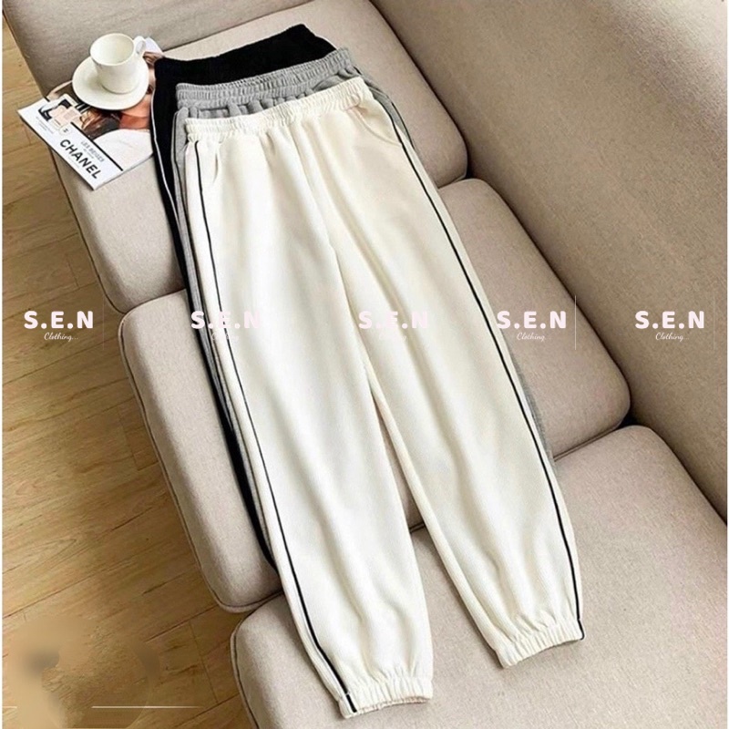 Quần tổ ong ống rộng bo gấu hoạ tiết sọc 2 bên