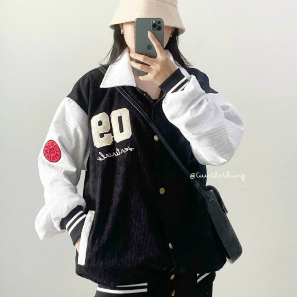 Áo bomber dài tay nhung tăm khuy bấm logo 09 - Áo khoác mùa đông dáng rộng form unisex phong cách hàn quốc, trẻ trung