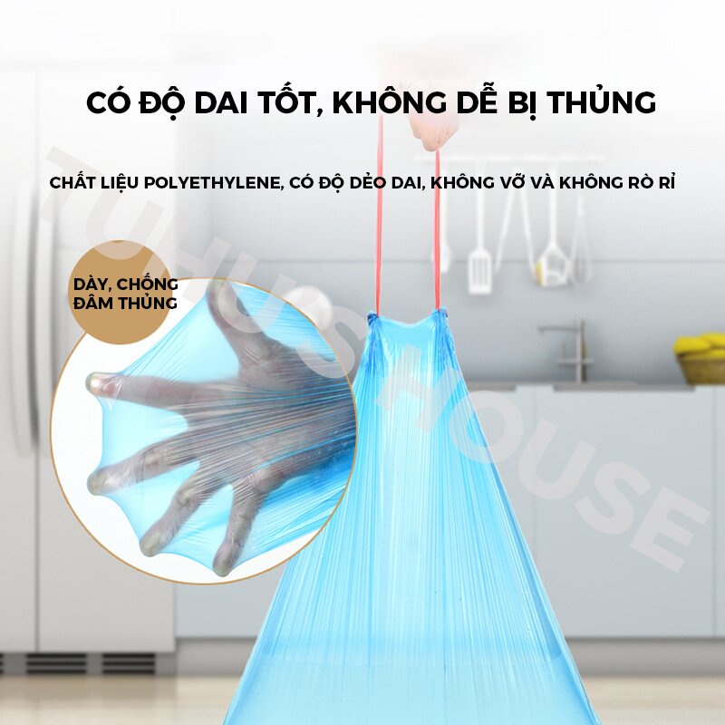 Túi đựng rác tự phân hủy sinh học, bọc đựng rác có quai, có dây rút tiện lợi - HUNONA