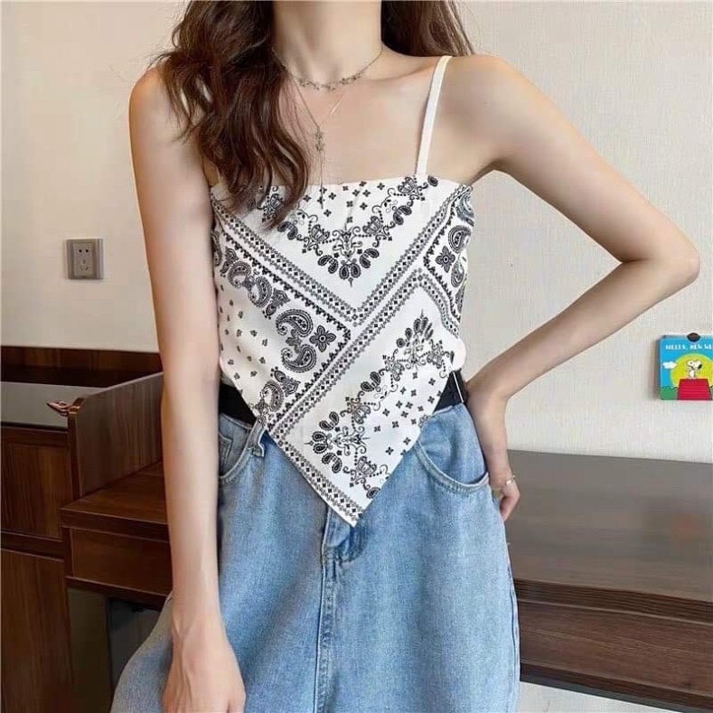 A004 Yếm 2 dây nữ thổ cẩm Boho đen trắng crt Áo croptop 2 dây lửng dân tộc dạng khăn bandana ống ngắn ôm body sexy đẹp