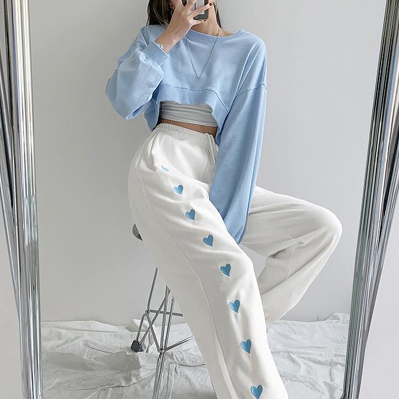 Quần Jogger Ống Rộng Lưng Cao Thêu Họa Tiết Trái Tim Xinh Xắn Cho Nữ