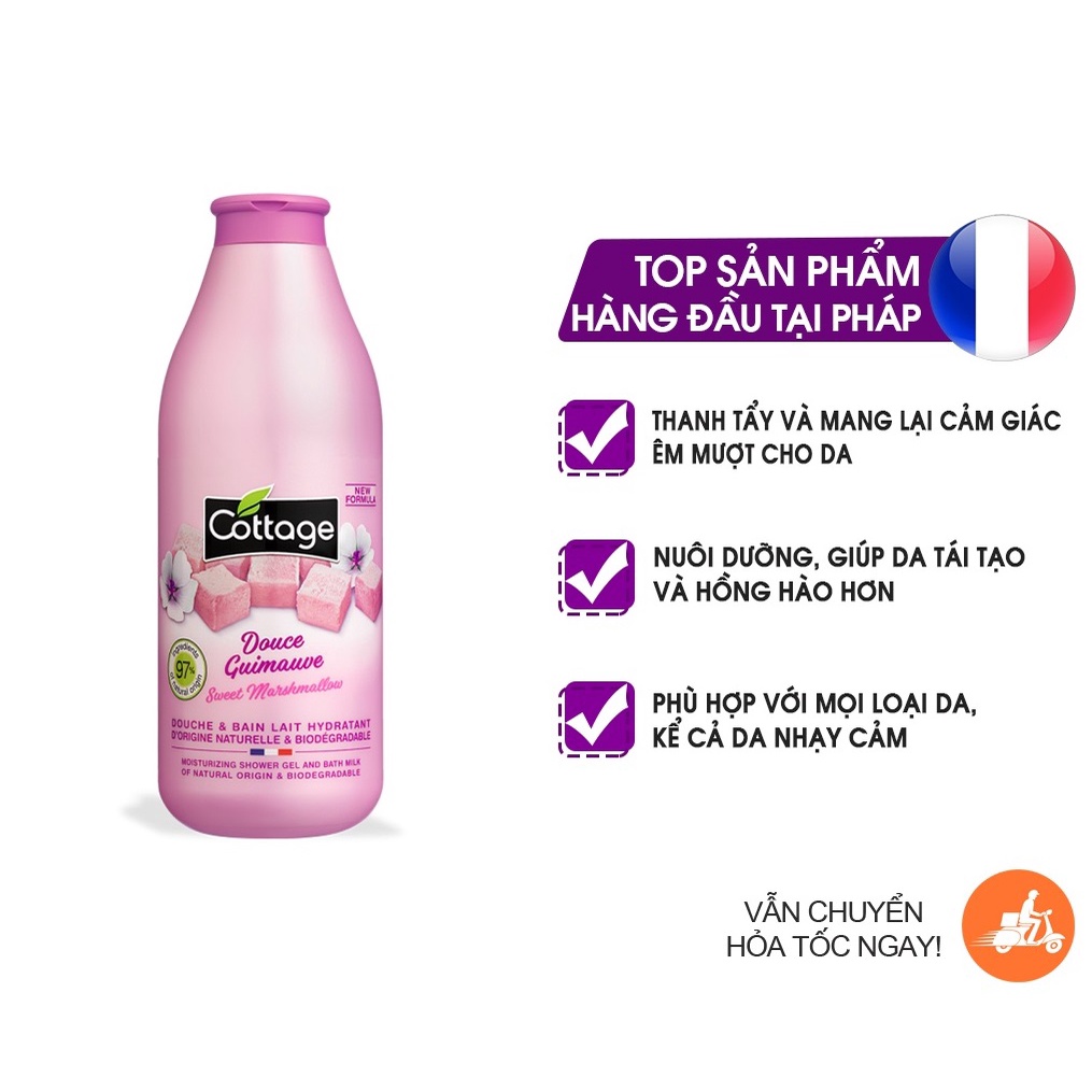 Sữa tắm tẩy tế bào chết trắng da hương nước hoa Cottage passion 750ml Pháp