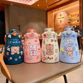 [FREESHIP] Bình nước giữ nhiệt cute có sticker và ống hút dễ thương-Bình giữ nhiệt cho bé có dây đeo inox 304 xịn