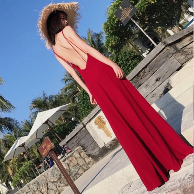 Váy maxi đỏ hở lưng sexy( có sẵn cho thuê)