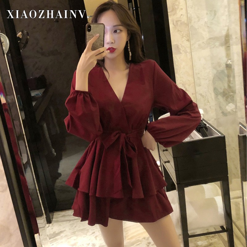 Xiaozhainv Đầm dáng chữ A tay dài cổ chữ V quyến rũ cho phái nữ | BigBuy360 - bigbuy360.vn