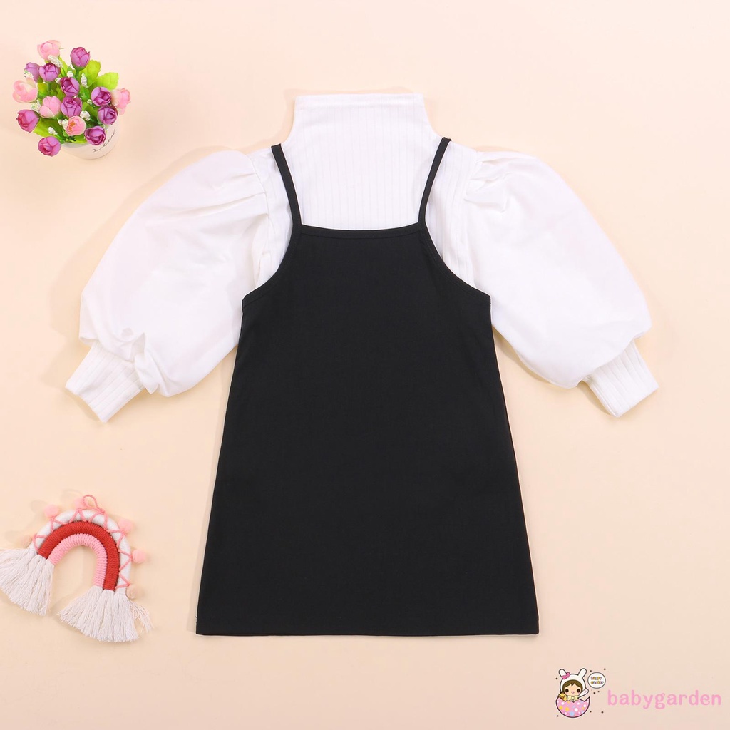 Bộ áo tay phồng dài màu trơn + đầm hai dây thoải mái cho bé gái 1-6 tuổi