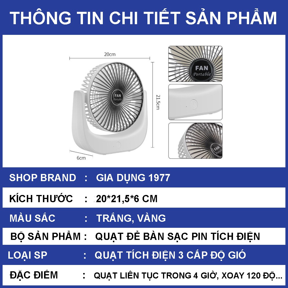 Quạt mini để bàn sạc pin tích điện 3 cấp độ thế hệ mới, Quạt để bàn mini xoay 120 độ kèm dây sạc USB an toàn tiện lợi | BigBuy360 - bigbuy360.vn