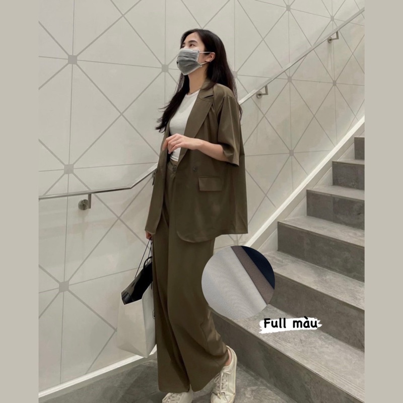 Set áo vest blazer ngắn tay một lớp và quần ống suông phong cách Hàn Quốc Aimee closet