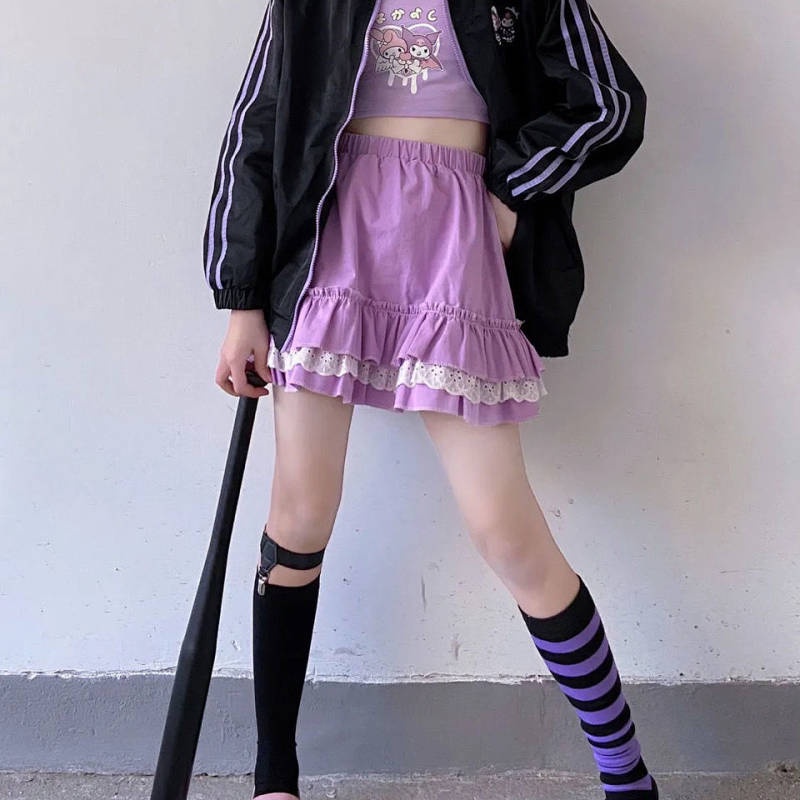 Chân váy chữ A lưng cao xếp ly phối ren phong cách Nhật Hàn xinh xắn cho nữ