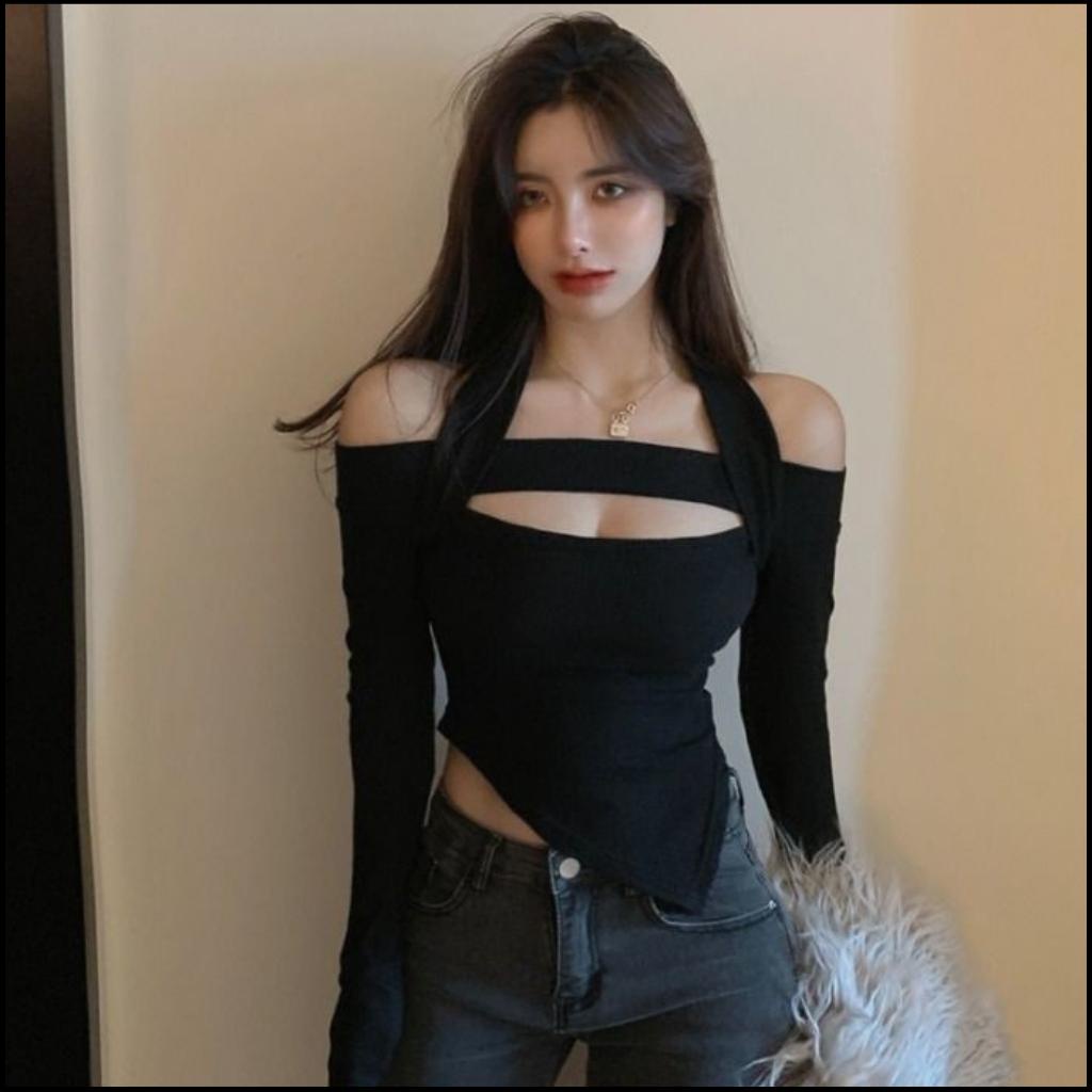 Áo Croptop Dài Tay Nữ Kiểu Ôm Body Khoét Ngực Linnie - Áo Kiểu Nữ Tay Dài TRỄ VAI Vạt Chéo Chất Len Tăm Siêu Xinh | BigBuy360 - bigbuy360.vn