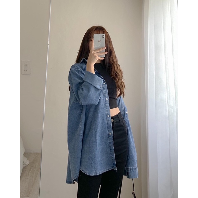 Áo sơ mi denim form rộng cúc nhôm bấm 654