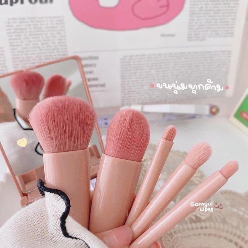 Bộ cọ trang điểm makeup cá nhân 6 món màu hồng Vintage hộp gương