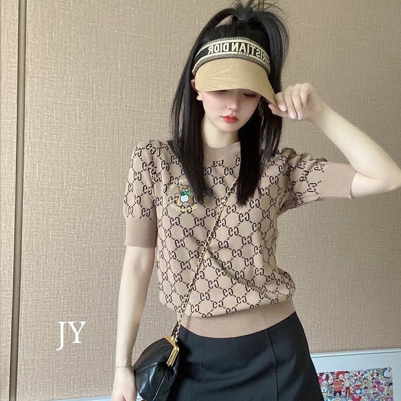 ! Gui! Áo Sweater Dệt Kim Mỏng Tay Ngắn Họa Tiết Kẻ Sọc Caro Thời Trang Mùa Hè Cho Nữ 2022