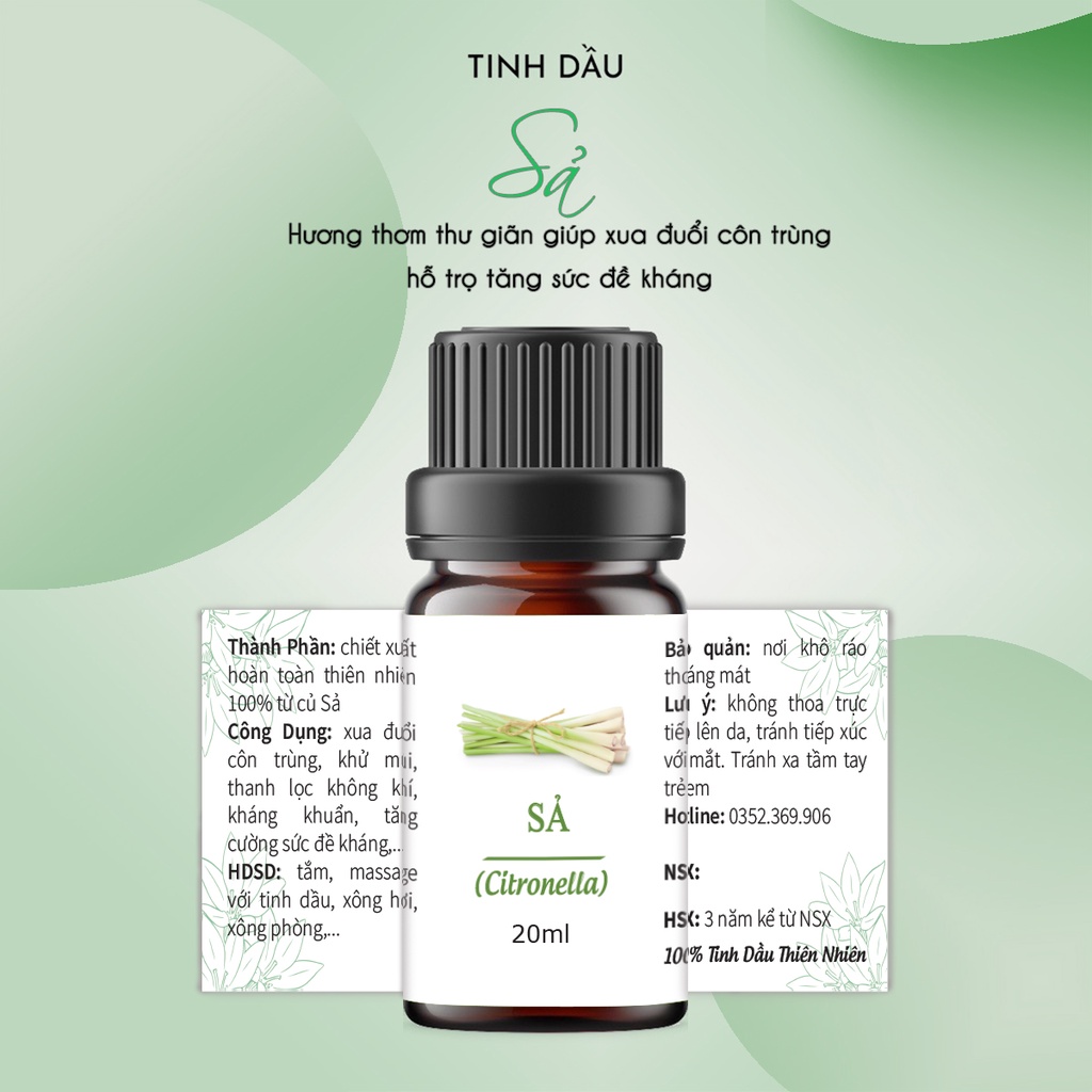 Tinh dầu Sả nguyên chất 20ml, đuổi muỗi, côn trùng, kháng khuẩn, khử mùi hôi.