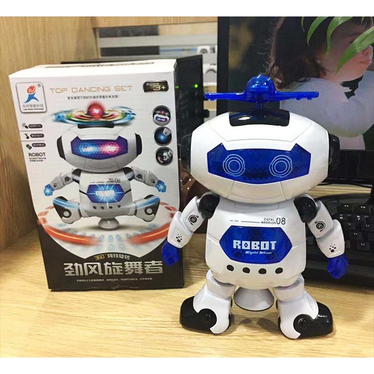 Đồ chơi Robot trắng xanh nhảy múa xoay 360 độ có đèn và nhạc