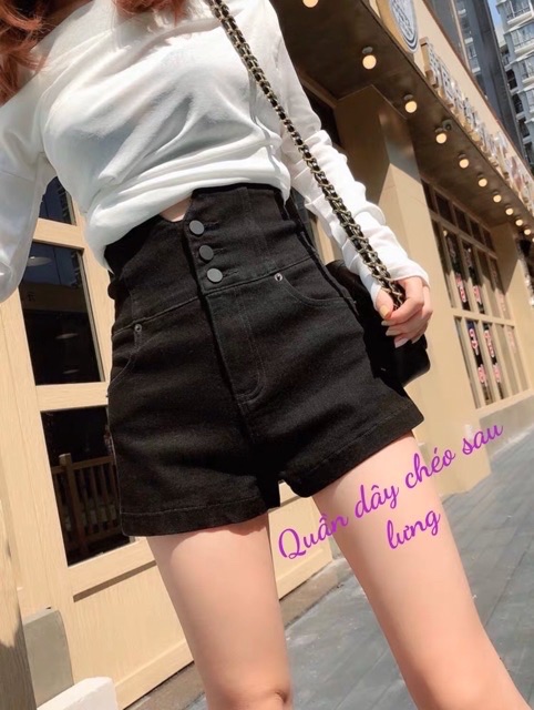 Quần shorts đùi kaki lưng siêu cao, dây chéo sau lưng, có nút trước - Hình sàn chụp thật - B8U