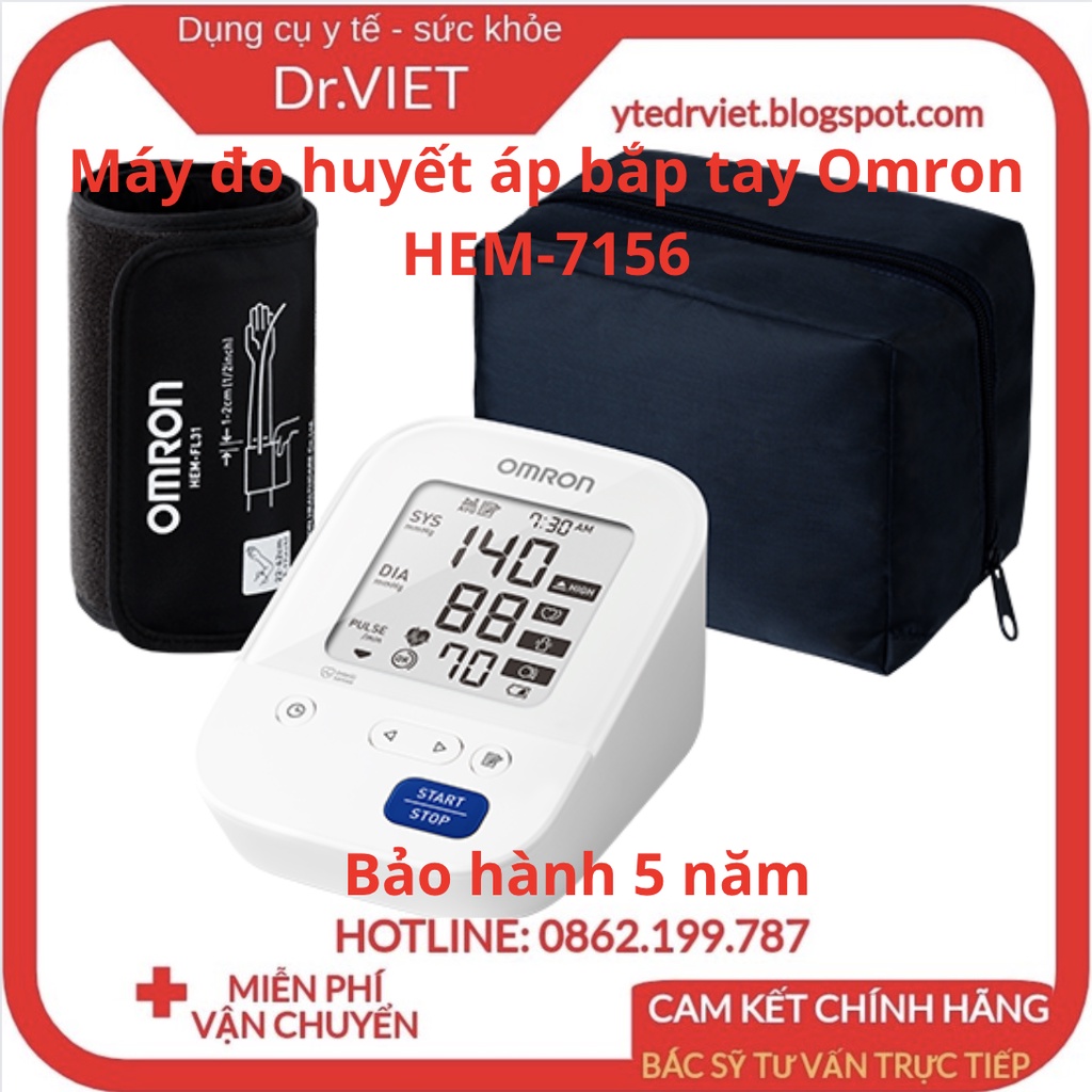 Máy đo huyết áp bắp tay Omron HEM 7156 - Cảnh báo huyết áp và nhịp tim, đèn báo lỗi cử động,bảo hành 5 năm-Drviet
