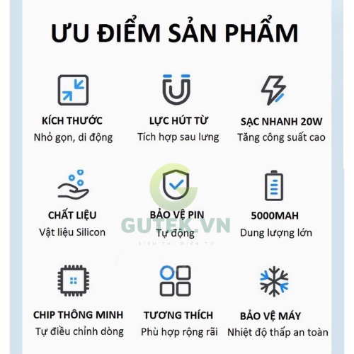 [5000 mAh] Sạc Dự Phòng Không Dây Từ Tính Sạc Nhanh Pin 5000mah Cao Cấp Hỗ Trợ Cho IP/Android - Phụ Kiển AZ