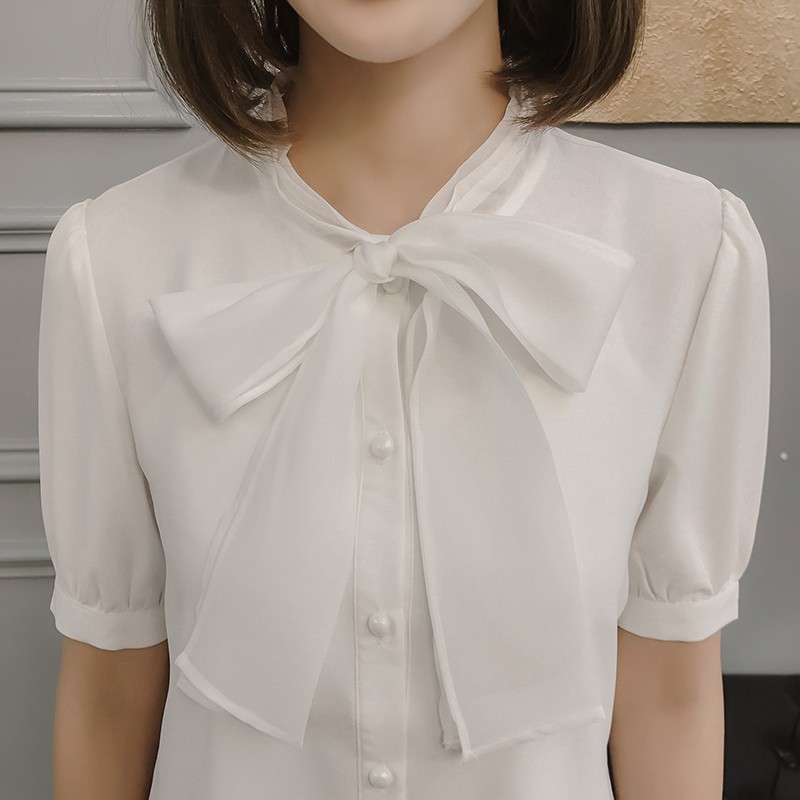 Áo sơ mi trắng nữ Chunxuu thắt nơ tay ngắn thời trang chất vải đẹp - SP01