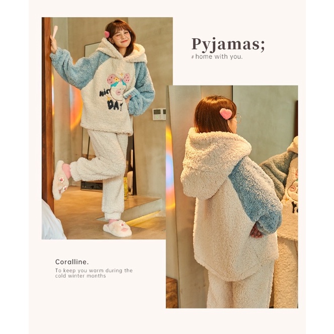 Bộ ngủ lông gấu thêu hình hộ nghĩnh,bộ lông hoodie áo phối màu quần jogger lông 2 mặt mượt mà siêu ấm phong cách hànquốc