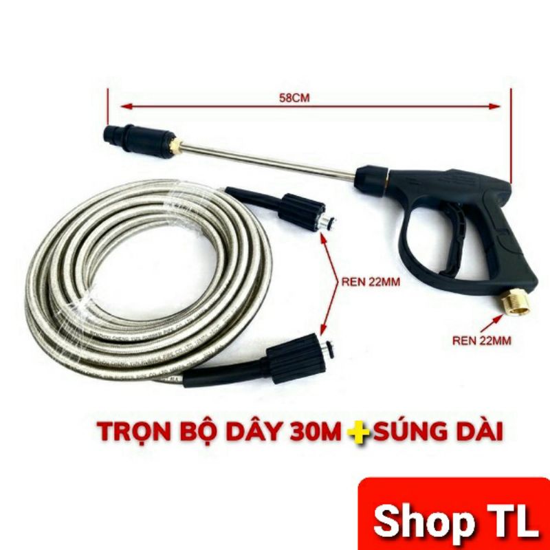 Bộ dây rửa xe 10, 15, 20, 30m Và súng xịt rửa xe áp lực cao (Kèm ống nối inox dài 36cm)