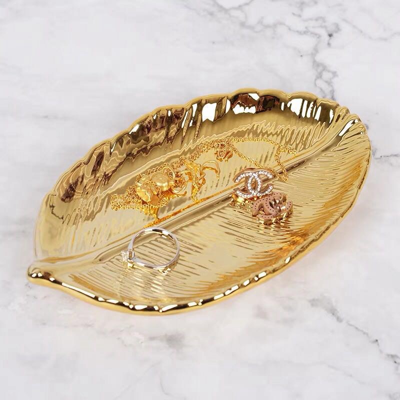 Decorative Gold Leaf Ceramic Plate Dish Porcelain Candy Trinket Dish