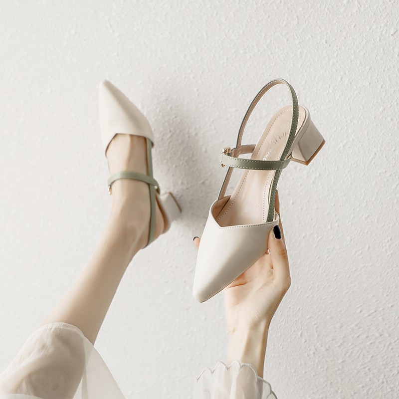 Giày cao gót phong cách Hàn Quốc gót thô 4cm màu trơn