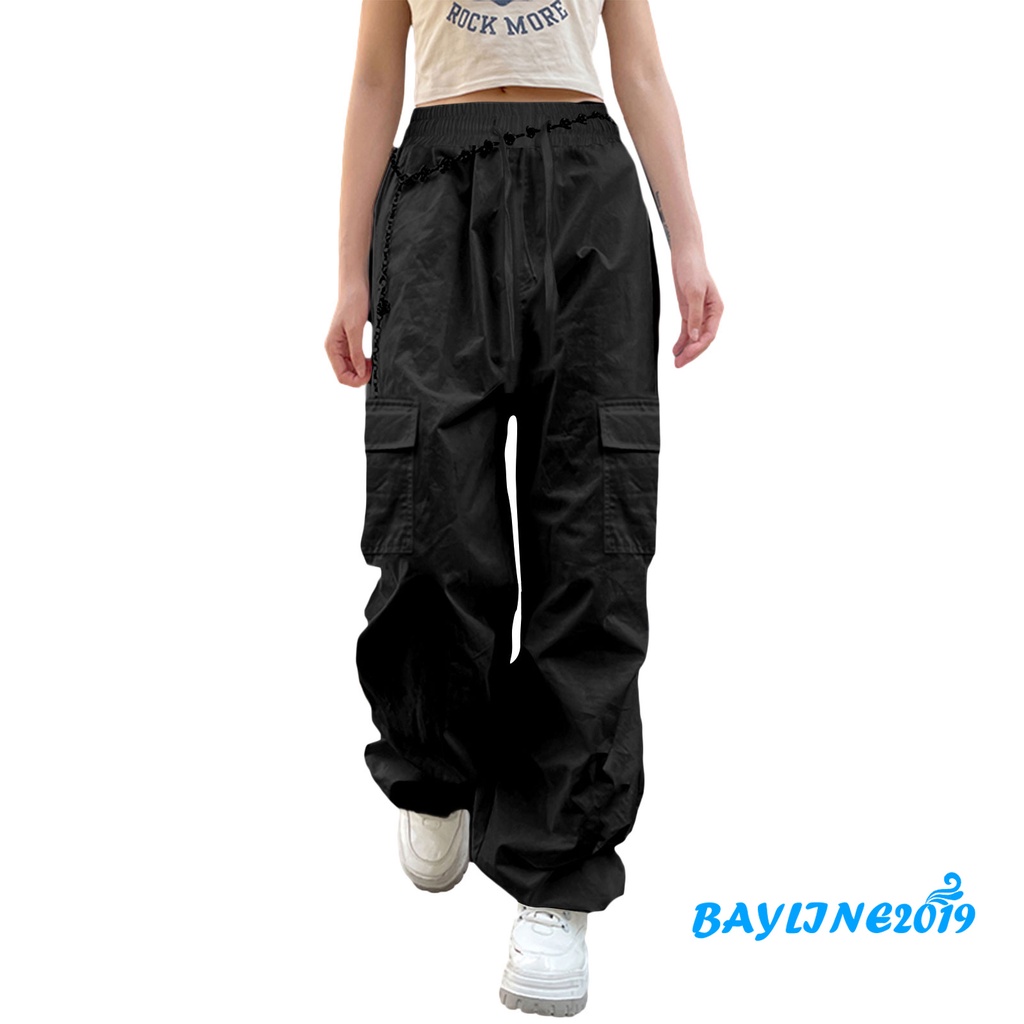 Quần Baggy Dài Ống Rộng Lưng Thun Rút Dây Màu Trơn Thời Trang Cho Nữ