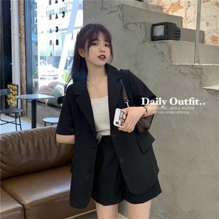 Set Áo Vest Ngắn Tay Túi Giả Bốn Cúc Kèm Quần Sooc Đùi Cạp Chun Khóa Sau Phong Cách Hàn Quốc