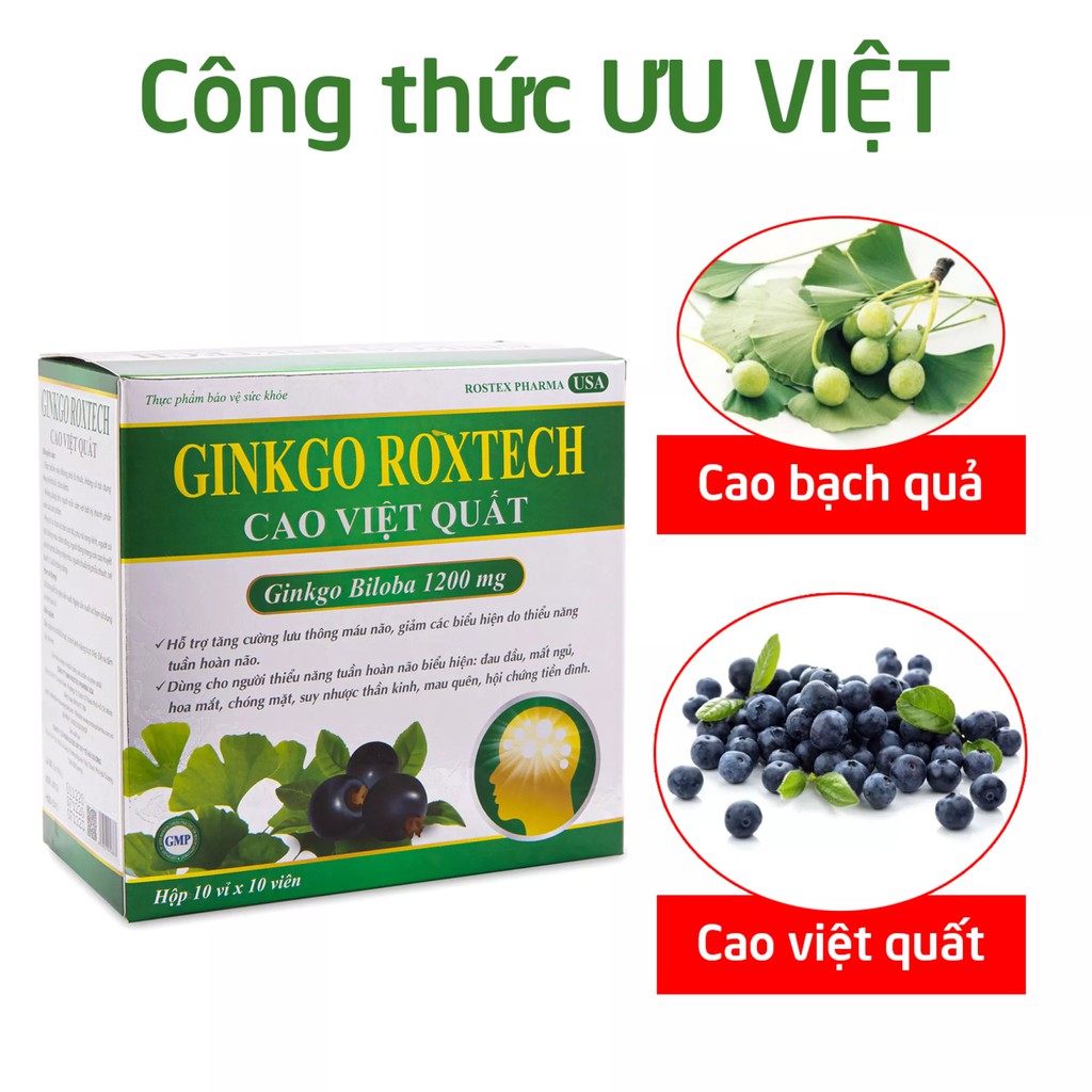 Bổ não GINKGO ROXTECH Cao Việt Quất giúp tăng cường trí nhớ, tăng tuần hoàn máu não, ngừa tai biến