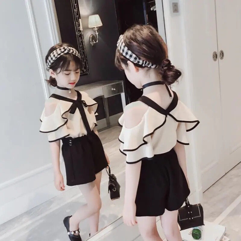 Thời trang trẻ em 2 Cái （Áo cánh + Quần ngắn） Quần ngắn Hàn Quốc chất lượng cao cho trẻ em Bé gái Quần áo thường ngày 3 đến 4 đến 5 đến 6 đến 7 đến 8 đến 9 đến 10 đến 11 đến 12 tuổi Áo phông chữ cho việc thiếu giá trị năm của Terno