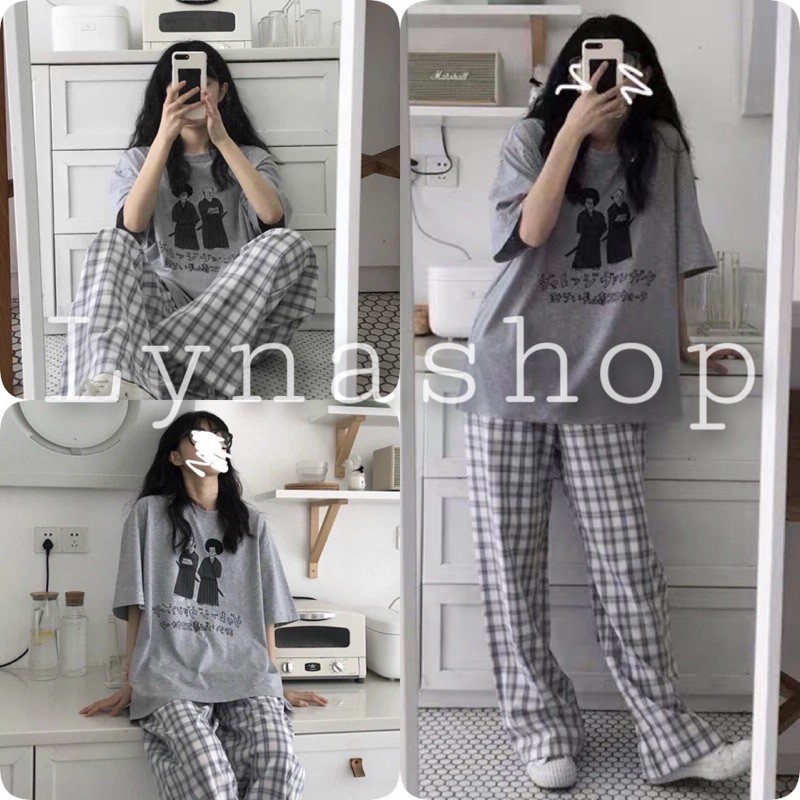 🍉Sét đồ nữ🍉Bộ Quần Culottes Kẻ Áo Phông Người Nhật Set Trang Phục Unisex