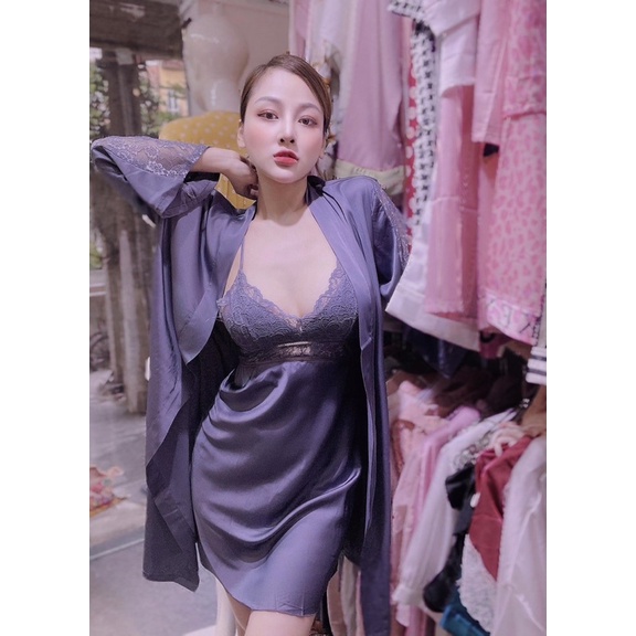 Set váy + Áo choàng lụa satin cao cấp quảng châu