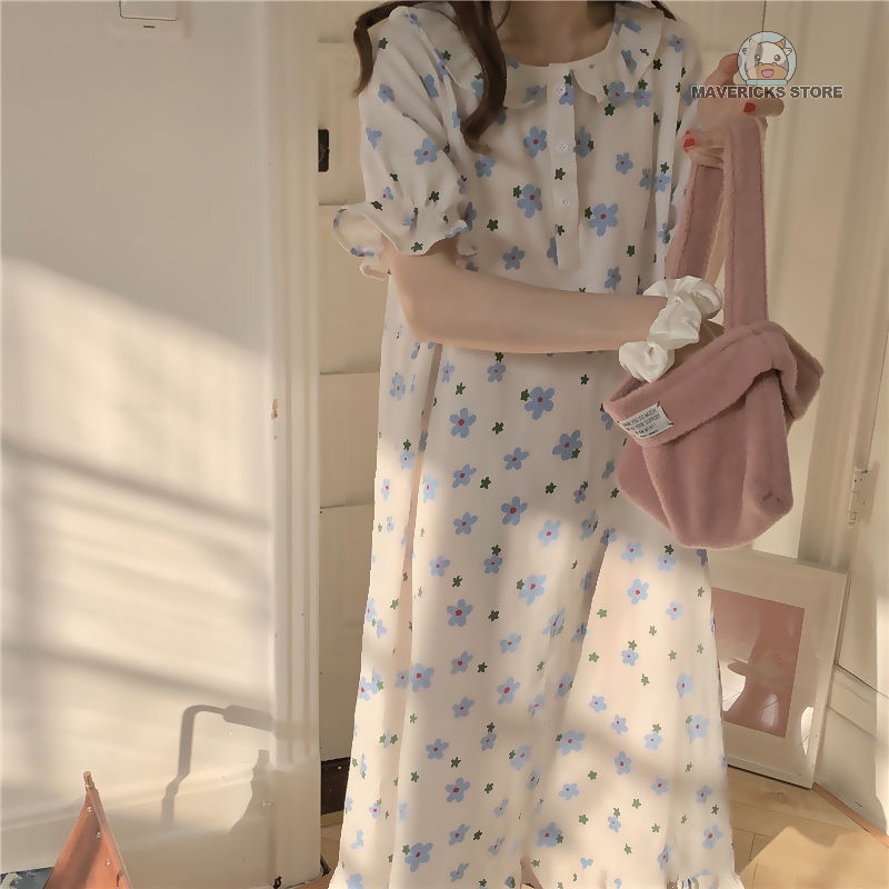 Đầm ngủ ngắn tay in hoa thời trang Hàn Quốc cho nữ