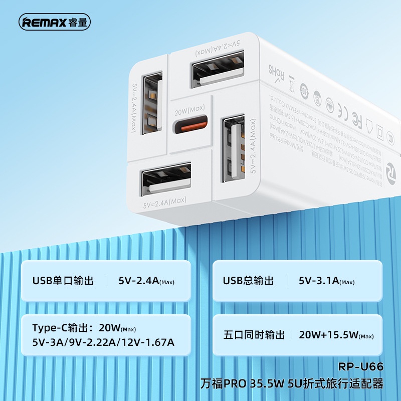 Cốc sạc nhanh 5 cổng Remax RP-U66 35.5W USB 2.4A và PD TypeC 20W (Trắng) - Hãng phân phối